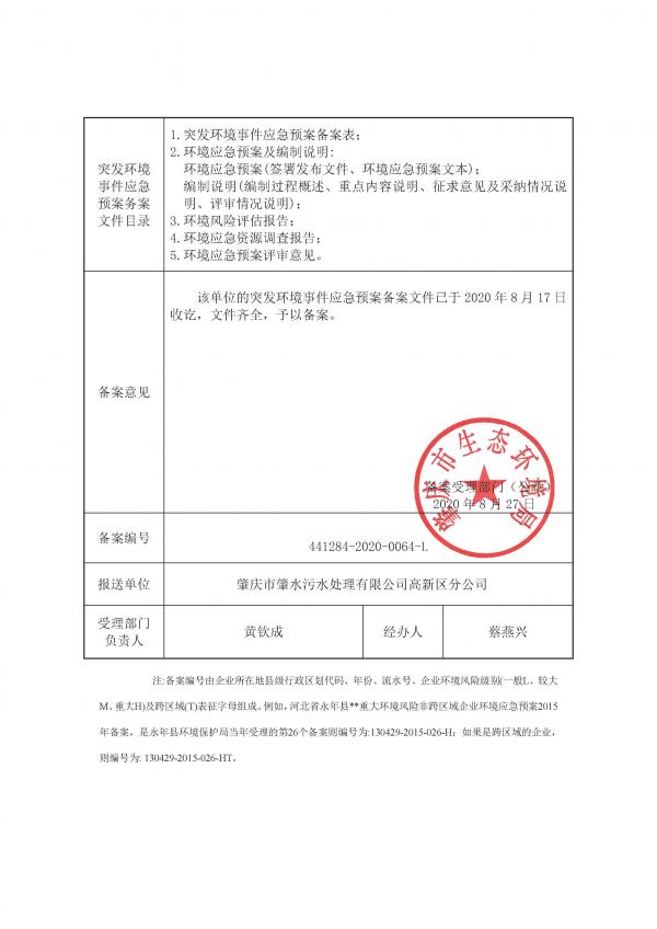 肇慶市肇水污水處理有限公司高新區(qū)分公司突發(fā)環(huán)境事件應急預案備案表_頁面_2.jpg