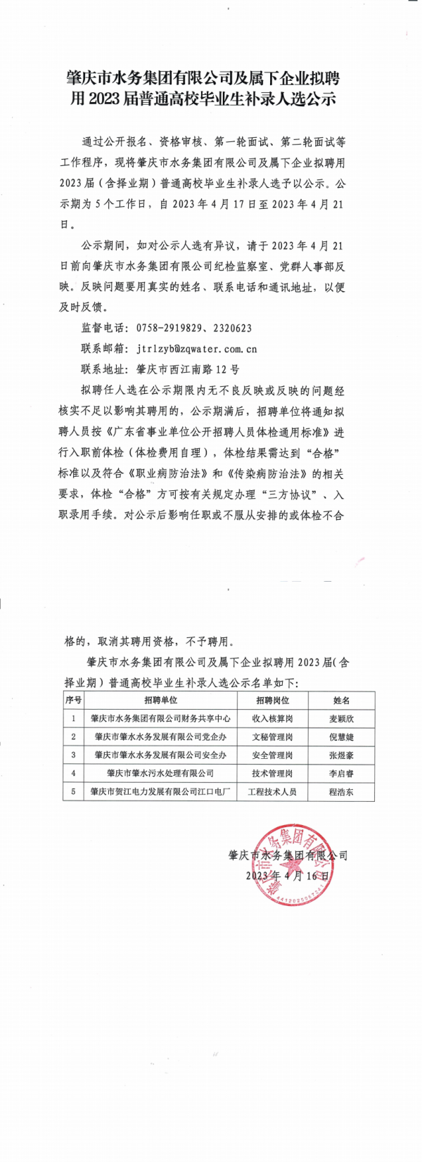肇慶市水務集團有限公司及屬下企業(yè)擬聘用2023屆普通高校畢業(yè)生補錄人選公示_0(1).png